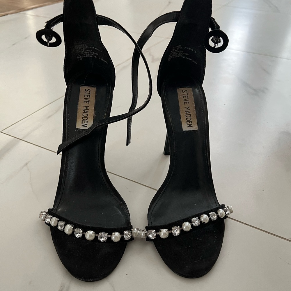 Solitaire Black Jeweled Ankle-Tie Heels